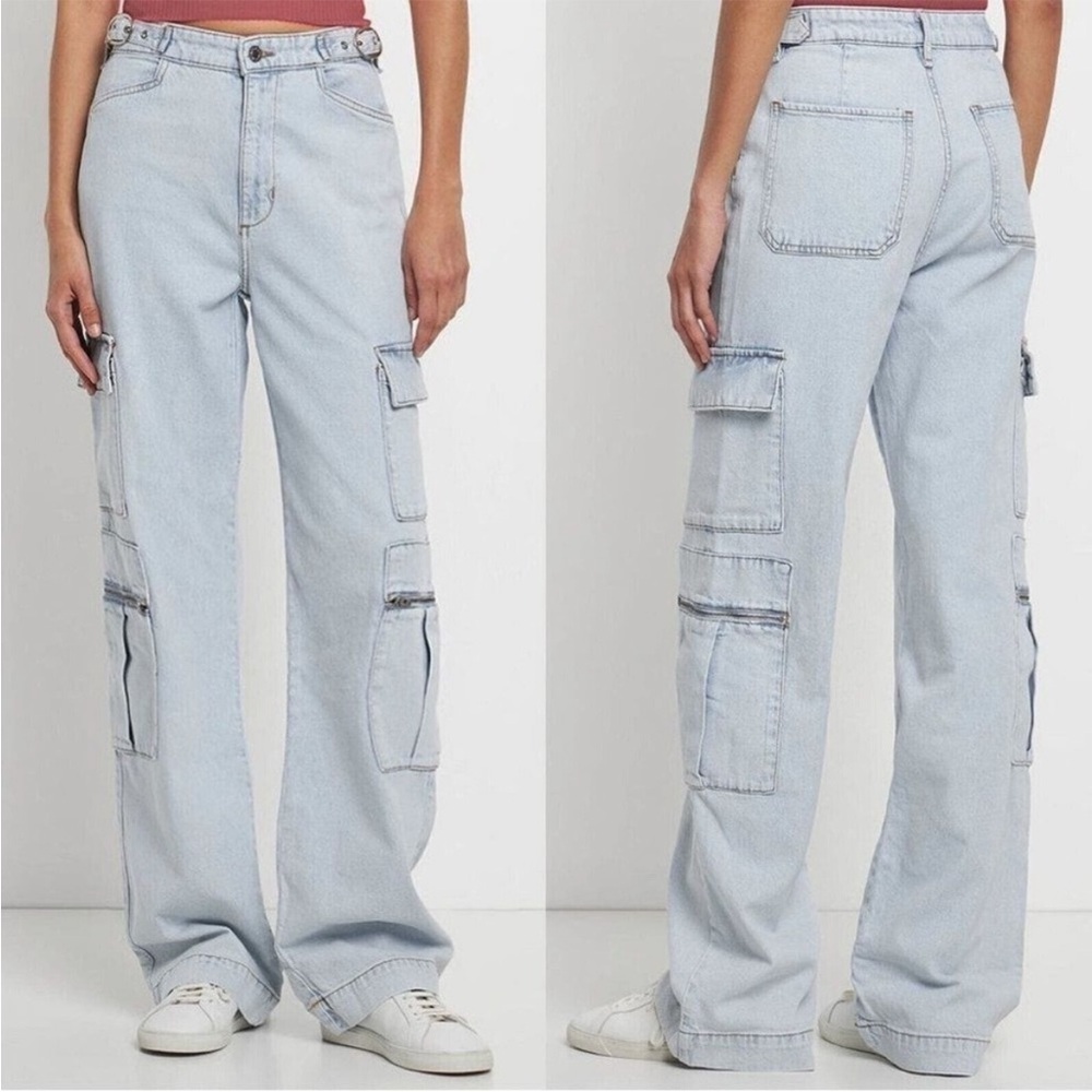 WeWoreWhat Womens Utility Cargo Jean Size 27 Light Blue Straight Leg Denim Baggy